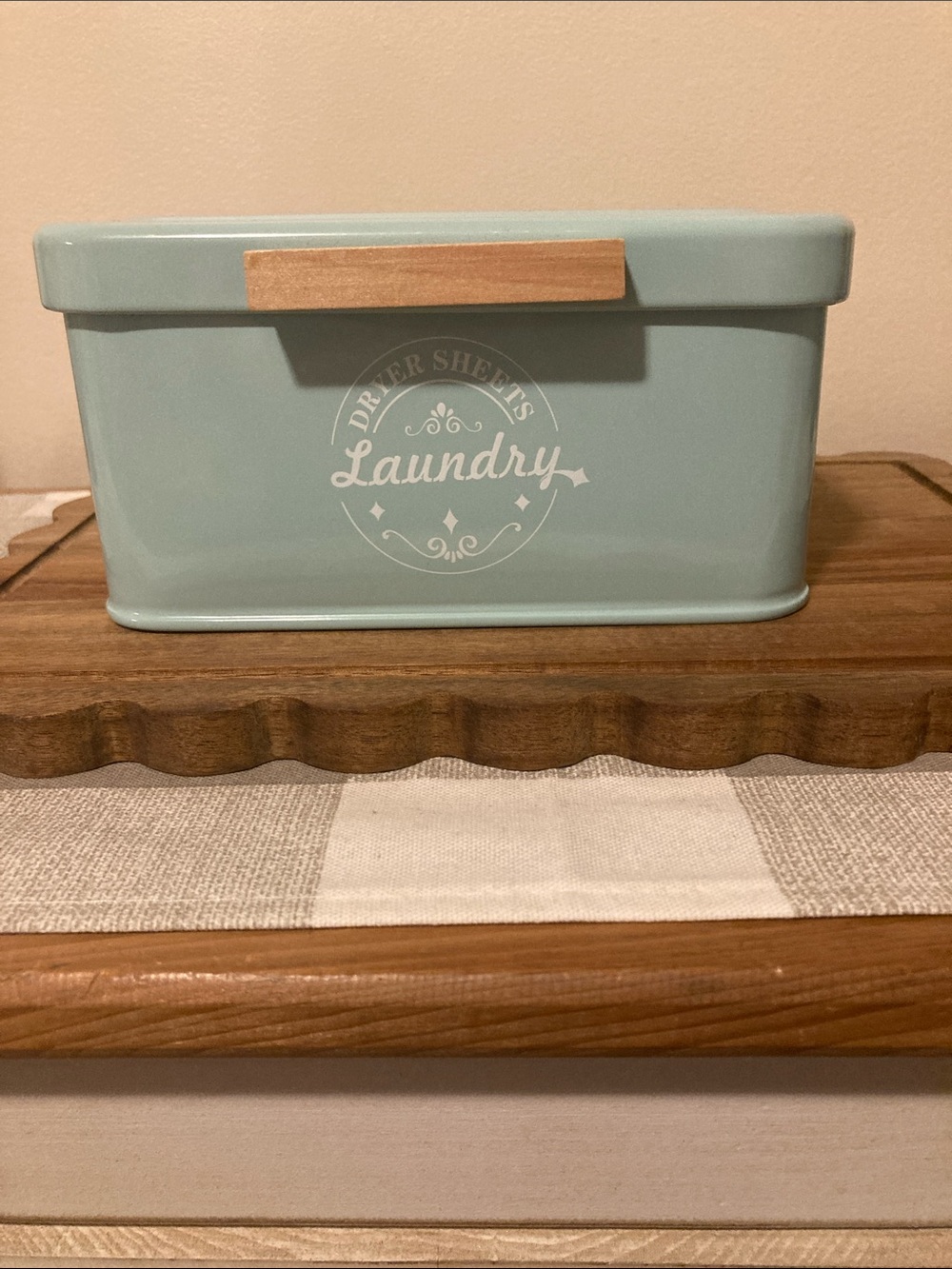 Dryer Sheet Storage Sea Green Metal Laundry Canister with Wood Handle